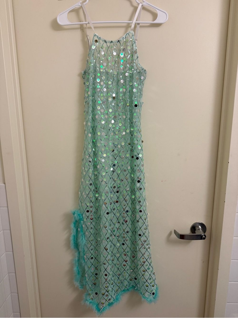 Sequin Mesh Maxi Dress in Aqua with Feather Trim